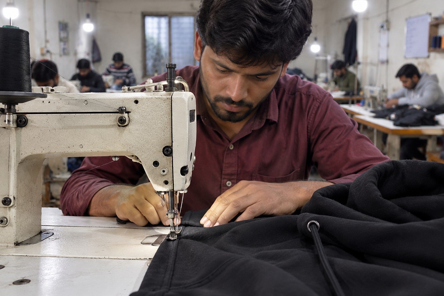 Stitcher sewing a black hoodie on the production floor
